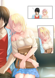 Rule 34 | 1boy, 1girl, bare shoulders, black hair, blonde hair, blue skirt, breasts, cleavage, closed eyes, collarbone, commentary request, highres, leaning on person, leaning to the side, long sleeves, medium breasts, off shoulder, original, red shirt, shirt, side-by-side, sitting, skirt, sleeping, zaregoto tsukai no deshi, zzz