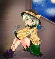 Rule 34 | 1girl, against wall, ankle boots, aqua hair, bad id, bad pixiv id, bare legs, blouse, boots, cloud, frown, full moon, green eyes, hands on own knees, hat, hat ribbon, heart, highres, knees up, komeiji koishi, koyashaka, looking at viewer, moon, night, ribbon, shirt, shooting star, short hair, sitting, skirt, sky, sleeves past wrists, solo, star (sky), starry sky, third eye, tile floor, tiles, touhou, window