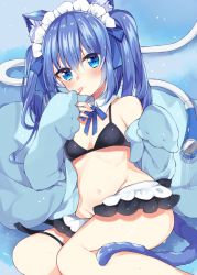 Rule 34 | 1girl, animal ears, bare shoulders, bikini, black bikini, blue bow, blue eyes, blue hair, blue jacket, blush, bow, cat ears, cat girl, cat tail, closed mouth, collar, commentary, detached collar, hair between eyes, hair bow, hands up, jacket, long hair, long sleeves, looking at viewer, maid, maid bikini, maid headdress, maki soutoki, open clothes, open jacket, original, shower head, sleeves past fingers, sleeves past wrists, solo, swimsuit, symbol-only commentary, tail, twintails, unconventional maid, water, white collar, wing collar