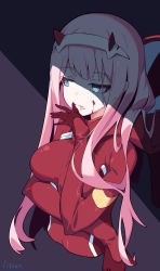 Rule 34 | 10s, 1girl, absurdres, blood, blood on face, blue eyes, bodysuit, breasts, commentary, darling in the franxx, eyelashes, hairband, highres, horns, licking, litsvn, long hair, looking to the side, medium breasts, open mouth, pilot suit, pink hair, red bodysuit, shiny clothes, simple background, solo, taut clothes, tongue, tongue out, upper body, zero two (darling in the franxx)