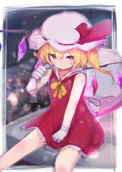 Rule 34 | 1girl, ascot, bag, dress, flandre scarlet, gloves, hat, highres, kabochamaronpie, looking at viewer, outdoors, red dress, red eyes, short hair, side ponytail, sitting, smile, snow, solo, touhou, white gloves, yellow ascot