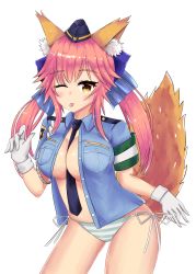 Rule 34 | 1girl, absurdres, animal ear fluff, animal ears, between breasts, blue ribbon, breasts, fate/extra, fate/extra ccc, fate/grand order, fate (series), female service cap, fox ears, fox girl, fox tail, gin nozora, gloves, hair ribbon, hat, highres, large breasts, looking at viewer, necktie, necktie between breasts, official alternate costume, one eye closed, open clothes, open shirt, panties, pink hair, police, police hat, police uniform, policewoman, ribbon, simple background, solo, striped clothes, striped panties, tail, tamamo (fate), tamamo no mae (fate/extra), tamamo no mae (police fox) (fate), tongue, underwear, uniform, white background, white gloves, yellow eyes
