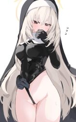 Rule 34 | 1girl, black leotard, blue archive, blush, breasts, covering own mouth, cowboy shot, flying sweatdrops, grey hair, habit, hair between eyes, halo, highleg, highleg leotard, highres, large breasts, leotard, leotard pull, long hair, mikozin, nun, partially visible vulva, sakurako (blue archive), simple background, solo, very long hair, white background