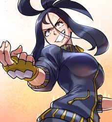 Rule 34 | 1girl, absurdres, black hair, black jacket, breasts, creatures (company), cross scar, dendra (pokemon), eyelashes, fingerless gloves, game freak, gloves, grin, high ponytail, highres, jacket, juno son, large breasts, long hair, nintendo, pokemon, pokemon sv, scar, scar on face, scar on forehead, smile, solo, track jacket, yellow eyes, yellow gloves