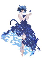 Rule 34 | 1girl, :o, animal ears, bare legs, bare shoulders, barefoot, blue dress, blue hair, blue theme, brown eyes, cat ears, cat girl, cat tail, comiket 100, cupping hands, dress, fish, floating, full body, highres, looking at hands, messy hair, mogumo, original, own hands together, short hair, simple background, solo, tail, white background