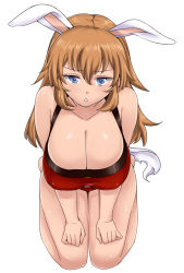 Rule 34 | 1girl, animal ears, bare shoulders, blue eyes, breasts, brown hair, charlotte e. yeager, cleavage, collarbone, highres, huge breasts, kneeling, komusou (jinrikisha), looking at viewer, open mouth, rabbit ears, rabbit girl, seiza, sitting, solo, strike witches, triangle mouth, world witches series