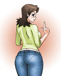 Rule 34 | 1girl, ass, black eyes, blush, boongar, boongari, breasts, brown hair, curvy, dae-han&#039;s mother, denim, from behind, glasses, hip focus, jeans, large breasts, long hair, looking back, midriff, mature female, pants, pantylines, smile, solo