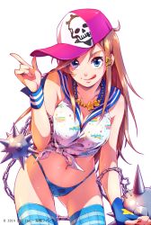 Rule 34 | 10s, 1girl, 2014, :q, alternate costume, arm support, ball and chain (weapon), bare shoulders, baseball cap, blue eyes, blue gloves, blue panties, blue thighhighs, breasts, brown hair, chain, cleavage, clenched hand, clothes writing, company name, copyright name, cowboy shot, crop top, dated, female focus, fingerless gloves, front-tie top, gloves, groin, hair ornament, hairclip, hanaji, hat, highleg, highleg panties, index finger raised, jewelry, kaizoku fantasia, katou marika, leaning forward, licking lips, long hair, looking at viewer, miniskirt pirates, navel, necklace, no panties, no pants, official art, panties, polka dot, print panties, school uniform, serafuku, shiny skin, shirt, sidelocks, sideways hat, simple background, skindentation, skull print, sleeveless, sleeveless shirt, solo, spike ball, spiked ball and chain, spikes, standing, star (symbol), star print, striped clothes, striped thighhighs, thighhighs, tied shirt, tongue, tongue out, underwear, very long hair, white background