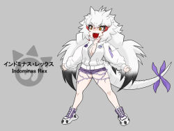 Rule 34 | 1girl, absurdres, bare legs, black hair, breasts, character name, chibi, dinosaur tail, evil smile, fangs, full body, grey background, highres, indominus rex, jacket, japari symbol, jurassic park, jurassic world, kemono friends, legs apart, long hair, long sleeves, medium breasts, multicolored hair, open mouth, orange eyes, original, outstretched arms, pale skin, partially unzipped, personification, pocket, puffy long sleeves, puffy sleeves, purple shorts, red hair, shoes, short shorts, shorts, simple background, slit pupils, smile, solo, spiked shoes, spikes, standing, tail, tail ornament, torn clothes, torn shorts, tsukushi (741789), twintails, v-shaped eyebrows, very long hair, white hair, white jacket, zipper, zipper pull tab