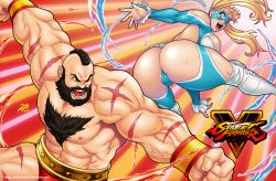 Rule 34 | 1boy, 1girl, abs, ass, battle, beard, blonde hair, breasts, capcom, chest hair, cleavage, darkereve, domino mask, facial hair, highres, hip attack, large breasts, leotard, mask, mohawk, muscular, rainbow mika, scar, street fighter, street fighter v, veins, wrestling outfit, wristband, zangief