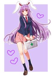 Rule 34 | 1girl, :o, animal ears, black socks, blazer, blush, border, box, breasts, buttons, collared shirt, commentary request, crescent, crescent pin, first aid kit, full body, heart, holding, holding box, jacket, knees, light purple hair, loafers, long hair, long sleeves, looking at viewer, medium breasts, miniskirt, necktie, okawa friend, open mouth, pink skirt, pleated skirt, pocket, rabbit ears, red eyes, red necktie, reisen udongein inaba, shirt, shoes, skirt, socks, solo, standing, standing on one leg, suit jacket, touhou, white shirt, wing collar