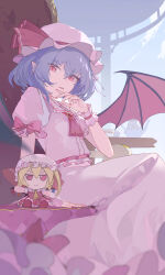 Rule 34 | 1girl, absurdres, bat wings, blonde hair, blue hair, chair, character doll, cowboy shot, flandre scarlet, fumo (doll), hat, hat ribbon, highres, huaano, mob cap, pink ribbon, pointy ears, puffy short sleeves, puffy sleeves, red eyes, remilia scarlet, ribbon, short hair, short sleeves, sitting, touhou, wings, wrist cuffs