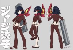 Rule 34 | 1girl, black hair, brown jacket, brown pants, carrying, case, character sheet, closed mouth, dated, double vertical stripe, from behind, from side, frown, grey background, hands on own hips, highres, jacket, kill la kill, leg up, looking at viewer, matoi ryuuko, medium hair, midriff, multicolored hair, multiple views, navel, neckerchief, pants, pants rolled up, red hair, red neckerchief, senketsu, shoes, simple background, single vertical stripe, skirt, smile, standing, standing on one leg, streaked hair, sushio, suspender skirt, suspenders, sweat, track jacket, track pants, two-tone hair, uwabaki, white footwear
