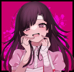 Rule 34 | 1girl, :d, absurdres, apron, bandaged hand, bandages, black border, blood, border, collared shirt, danganronpa (series), danganronpa 2: goodbye despair, drooling, hands up, highres, long hair, looking at viewer, mole, mole under eye, nail polish, open mouth, pink background, pink blood, pink eyes, pink shirt, portrait, puffy short sleeves, puffy sleeves, shirt, short sleeves, smile, solo, takae (poupee en biscuit), teeth, tsumiki mikan, upper teeth only, white apron, white shirt