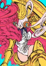 Rule 34 | 1girl, artist request, blue background, boots, breasts, cape, crown, gauntlets, hair over one eye, hair rings, headphones, highres, holding, holding weapon, large breasts, leotard, long hair, looking at viewer, mechanical legs, multicolored hair, one piece, one piece film: red, purple background, purple eyes, red hair, shield, smile, solo, sword, thigh boots, two-tone hair, uta (one piece), weapon, white hair, white leotard, wide hips