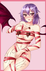 Rule 34 | 1girl, absurdres, aged up, bad id, bad pixiv id, bat wings, blush, breasts, chocolate, chocolate on body, chocolate on breasts, collarbone, covered erect nipples, cowboy shot, fang, food on body, hair between eyes, heart, heart-shaped pupils, highres, large breasts, looking at viewer, naked ribbon, navel, nose blush, parted lips, pink eyes, pointy ears, purple hair, remilia scarlet, ribbon, sidelocks, solo, stomach, symbol-shaped pupils, touhou, valentine, wings, zellam