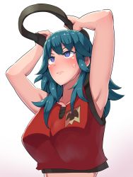 Rule 34 | 1girl, armpits, arms up, blue eyes, blue hair, blush, boris (noborhys), breasts, byleth (female) (fire emblem), byleth (fire emblem), commentary request, exercising, fire emblem, fire emblem: three houses, fire emblem heroes, highres, large breasts, long hair, looking up, nintendo, open clothes, ring fit adventure, simple background, solo, sweat, tank top, white background