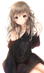 Rule 34 | 1girl, absurdres, bad id, bad pixiv id, black shirt, blush, brown eyes, brown hair, closed mouth, collarbone, hair between eyes, twirling hair, hand up, heart, highres, long hair, long sleeves, looking at viewer, messy hair, mouth hold, off shoulder, original, oversized clothes, oversized shirt, sashima, shirt, simple background, sitting, solo, white background, wide sleeves