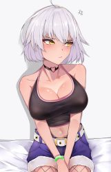 Rule 34 | 1girl, absurdres, anger vein, bad id, bad pixiv id, bare shoulders, bed, belt, blue background, blush, bracelet, breasts, choker, cleavage, closed mouth, crop top, cutoffs, fate/apocrypha, fate/grand order, fate (series), fishnet pantyhose, fishnets, hair between eyes, highres, jeanne d&#039;arc (fate), jeanne d&#039;arc alter (avenger) (fate), jeanne d&#039;arc alter (fate), jewelry, large breasts, mutsu ane daisuki, navel, on bed, pantyhose, short hair, silver hair, simple background, sitting, solo, yellow eyes