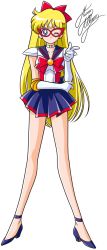 Rule 34 | 1girl, aino minako, bishoujo senshi sailor moon, blonde hair, blue eyes, blue footwear, blue sailor collar, blue skirt, bow, choker, crescent, crescent facial mark, elbow gloves, facial mark, forehead mark, full body, gloves, hair bow, highres, long hair, magical girl, marco albiero, mask, one eye closed, pleated skirt, pointing, red bow, sailor collar, sailor v, shoes, shoulder pads, signature, skirt, solo, standing, white background, white gloves
