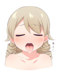 Rule 34 | 1girl, bad id, bad pixiv id, blush, closed eyes, collarbone, cropped torso, facing viewer, hair between eyes, idolmaster, idolmaster cinderella girls, light brown hair, long hair, morikubo nono, nose blush, nude, open mouth, oral invitation, out-of-frame censoring, portrait, ringlets, saliva, simple background, solo, sweat, tongue, tongue out, uccow, white background