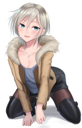 Rule 34 | 1girl, anastasia (idolmaster), antenna hair, blue eyes, blush, boots, breasts, cleavage, collarbone, earrings, fur-trimmed jacket, fur trim, highres, hood, hoodie, idolmaster, idolmaster cinderella girls, jacket, jewelry, kneeling, looking at viewer, necklace, open clothes, open jacket, pantyhose, pencil skirt, shogun (a96040021), silver hair, simple background, skirt, smile, solo, thigh boots, thighhighs, white background
