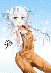 Rule 34 | 1girl, ahoge, alternate costume, alternate hairstyle, blue eyes, green ribbon, hair between eyes, hair ribbon, hibiki (kancolle), holding, holding hair, jewelry, kantai collection, long hair, necklace, open mouth, ribbon, signature, silver hair, solo, standing, star (symbol), striped, striped background, two side up, yua (checkmate)