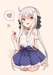 Rule 34 | 1girl, aged down, ahoge, bare shoulders, black bow, black choker, blue bow, blue skirt, blush, bow, brown background, choker, clothing cutout, collarbone, commentary request, cropped legs, cross, cross choker, girls&#039; frontline, hair between eyes, hair bow, hakuya (white night), head tilt, heart, iron cross, kar98k (girls&#039; frontline), long hair, looking at viewer, open mouth, plaid, plaid skirt, pleated skirt, red eyes, shirt, shirt tucked in, short sleeves, shoulder cutout, signature, silver hair, simple background, skirt, solo, spoken heart, unmoving pattern, very long hair, white shirt