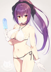 Rule 34 | 1girl, alternate costume, asami asami, bikini, blush, breasts, choker, cleavage, commentary request, fate/grand order, fate (series), food, gloves, hair ribbon, headpiece, holding, holding food, large breasts, looking at viewer, navel, o-ring, o-ring bikini, ponytail, popsicle, purple hair, red eyes, ribbon, scathach (fate), scathach skadi (fate), simple background, solo, swimsuit, tiara, white background, white bikini