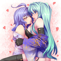 Rule 34 | 2girls, ahoge, ass, bad id, bad pixiv id, blue eyes, blue hair, blush, green hair, heart, highres, japanese clothes, kimono, long hair, multiple girls, open mouth, original, red eyes, side ponytail, symbol-shaped pupils, thighhighs, tro, yuri