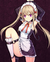 Rule 34 | 10s, 1girl, apron, armpits, arms up, bdsm, blush, bondage, bound, bound leg, bound wrists, breasts, brown hair, choker, detached sleeves, dress, elf, frills, highres, leg up, long hair, looking at viewer, maid, maid apron, maid headdress, myucel foalan, outbreak company, pointy ears, purple eyes, ribbon, ririko (zhuoyandesailaer), smile, solo, sweat, twintails, very long hair