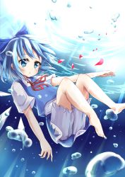 Rule 34 | 1girl, barefoot, bloomers, blue eyes, blue hair, bow, bubble, cirno, hair bow, highres, ice, ice wings, matching hair/eyes, petals, shirt, short sleeves, skirt, skirt set, solo, soramuko, touhou, underwater, underwear, upskirt, vest, wings