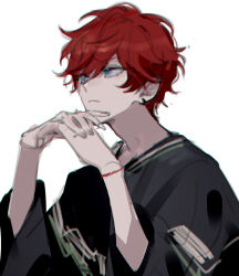 Rule 34 | 1boy, amagi hiiro, black shirt, blue eyes, bracelet, earrings, ensemble stars!, facing to the side, highres, jewelry, kimichinoname, looking ahead, male focus, own hands together, red hair, shirt, short hair, short sleeves, sketch, solo