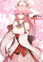 Rule 34 | 1girl, absurdres, animal ears, arm under breasts, blurry, blurry background, branch, breasts, cherry blossoms, cherry tree, closed mouth, cowboy shot, earrings, flower, fox ears, genshin impact, highres, japanese clothes, jewelry, long hair, looking at viewer, medium breasts, miko, outdoors, pink hair, priestess, purple eyes, purple flower, ribbon-trimmed sleeves, ribbon trim, sakotach, sidelocks, smile, solo, torii, twitter username, vision (genshin impact), watermark, white background, wide sleeves, yae miko