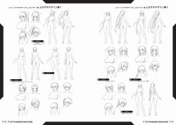 Rule 34 | 00s, 1girl, artbook, ass, back, breasts, butt crack, character sheet, concept art, female focus, kagami hirotaka, large breasts, lilith-soft, long hair, looking at viewer, monochrome, nipples, no bra, nude, official art, scan, simple background, standing, sweat, taimanin (series), taimanin asagi, text focus, yatsu murasaki