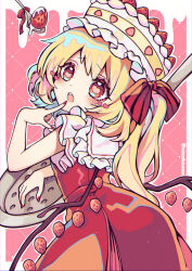 Rule 34 | 1girl, :o, argyle, argyle background, argyle clothes, arm up, blonde hair, blush, border, bow, cake, finger to mouth, flandre scarlet, food, frilled shirt collar, frills, fruit, furrowed brow, heart, heart-shaped pupils, highres, kyouda suzuka, nail polish, one side up, open mouth, oversized object, pink background, puffy short sleeves, puffy sleeves, red bow, red eyes, red nails, red skirt, short hair with long locks, short sleeves, side ponytail, skirt, solo, spoon, standing, strawberry, striped, striped bow, symbol-shaped pupils, teeth, touhou, twitter username, upper body, upper teeth only, whipped cream, wings