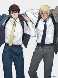 Rule 34 | 2boys, amuro tooru, belt, blue eyes, blue jacket, blue neckwear, blue pants, blue suit, brown hair, closed mouth, collared shirt, commentary request, cowboy shot, dark skin, dark-skinned male, dressing, facial hair, formal, frown, grey background, grey eyes, grey jacket, grey pants, grey suit, hair between eyes, indesign, jacket, light brown hair, long sleeves, looking at viewer, male focus, meitantei conan, multiple boys, necktie, pants, scotch (meitantei conan), serious, shirt, side-by-side, signature, simple background, standing, stubble, suit, white shirt, yellow neckwear