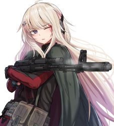 Rule 34 | 1girl, ak-74m, ak74m (girls&#039; frontline), assault rifle, belt pouch, blonde hair, blood, blood on face, blue eyes, cape, ear protection, girls&#039; frontline, gun, hair ornament, hairclip, highres, kalashnikov rifle, long hair, one eye closed, pouch, simple background, smoke, solo, weapon, white background, yakob labo