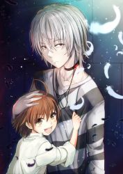 Rule 34 | 1boy, 1girl, :d, accelerator (toaru majutsu no index), ahoge, black choker, black feathers, blush, brown eyes, brown hair, child, choker, closed mouth, collarbone, earphones, falling feathers, feathers, frown, hair between eyes, hand on another&#039;s head, highres, k3rd, last order (toaru majutsu no index), long sleeves, open mouth, red eyes, shirt, short hair, silver hair, smile, standing, striped clothes, striped shirt, toaru majutsu no index, upper body, white feathers