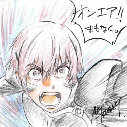 Rule 34 | 1boy, artist name, brown eyes, brown hair, colored pencil (medium), fortified suit, hair behind ear, male focus, motion lines, muv-luv, muv-luv alternative, muv-luv alternative (anime), official art, open mouth, pilot suit, portrait, promotional art, shirogane takeru, shouting, solo, traditional media, tsunaki aki, v-shaped eyebrows