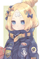 Rule 34 | 1girl, abigail williams (fate), abigail williams (traveling outfit) (fate), black bow, black jacket, blonde hair, blue eyes, bow, closed mouth, crossed bandaids, fate/grand order, fate (series), green background, hair bow, hair bun, heroic spirit traveling outfit, jacket, key, kidhukaji, long hair, long sleeves, looking at viewer, hugging object, official alternate costume, orange bow, parted bangs, polka dot, polka dot bow, single hair bun, sleeves past fingers, sleeves past wrists, solo, star (symbol), stuffed animal, stuffed toy, teddy bear, tentacles, two-tone background, upper body, white background