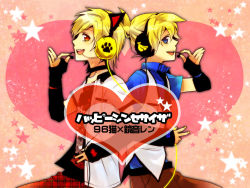 Rule 34 | 1boy, 1girl, 96neko, :d, androgynous, back-to-back, bad id, bad pixiv id, blonde hair, happy synthesizer (vocaloid), headphones, headset, heart, indie utaite, kagamine len, long sleeves, looking at viewer, niconico, open mouth, pants, paw print, sato iruno, satou iruno, short hair, smile, utaite, vocaloid