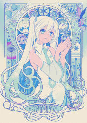 Rule 34 | 1girl, :d, art nouveau, beamed eighth notes, blue eyes, blue hair, blue necktie, blue ribbon, character name, detached sleeves, gradient hair, hair ornament, happy, hatsune miku, highres, long hair, looking away, maronie., multicolored hair, musical note, necktie, open mouth, own hands together, parody, rabbit, ribbon, shirt, sleeveless, sleeveless shirt, smile, snow rabbit, snowflake hair ornament, snowflake print, snowflakes, solo, star (symbol), style parody, twintails, upper body, very long hair, vocaloid, white hair, white shirt, yuki miku, yukine (vocaloid)