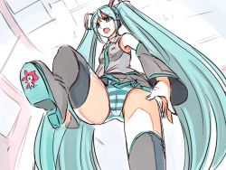 Rule 34 | bare shoulders, black legwear, blood, boots, from below, giant, giantess, hatsune miku, long hair, mini person, miniboy, necktie, non-web source, open mouth, panties, seo tatsuya, size difference, striped clothes, striped panties, thigh boots, thighhighs, twintails, underwear, very long hair, vocaloid