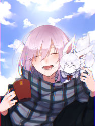 Rule 34 | 1girl, :d, animal, animal on shoulder, blue sky, chromatic aberration, closed eyes, cloud, cup, day, fate/grand order, fate (series), fou (fate), grey scarf, highres, holding, holding cup, mash kyrielight, mash kyrielight (chaldea teatime), official alternate costume, open mouth, outdoors, pink hair, plaid, plaid scarf, portrait, scarf, short hair, sky, smile, solo, suna co