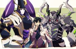 Rule 34 | 3boys, armor, black hair, blue headwear, blue shirt, closed mouth, coat, collared shirt, fake horns, fate/grand order, fate (series), green eyes, hand on own chin, hattori takeo (fate), helmet, highres, horned helmet, horns, imagawa yoshimoto (fate), itou kashitarou (fate), jacket, japanese armor, looking at another, looking at viewer, male focus, mask, medium hair, multiple boys, necktie, parted lips, purple hair, purple jacket, purple necktie, shirt, shoulder armor, simple background, smile, upper body, white coat, yellow eyes, yuu (areruya)