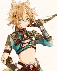 Rule 34 | 1boy, animal ears, armor, bandages, black gloves, blue eyes, bow (weapon), brown hair, fox ears, genshin impact, gloves, gorou (genshin impact), hair between eyes, hair ornament, highres, holding, holding bow (weapon), holding weapon, japanese armor, japanese clothes, male focus, multicolored hair, navel, paw print, ryu genshin77, simple background, solo, streaked hair, tassel, upper body, weapon, white hair, yellow background