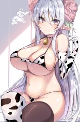Rule 34 | 1girl, absurdres, animal print, bell, bikini, breasts, choker, closed mouth, commentary request, cow print, cow print bikini, crossed legs, elbow gloves, elf, flower, gloves, hair between eyes, hair flower, hair ornament, hand up, highres, large breasts, long hair, minerva (princess connect!), misukon, multicolored clothes, multicolored legwear, navel, neck bell, playing with own hair, pointy ears, princess connect!, print bikini, purple eyes, silver hair, simple background, sitting, skindentation, smile, solo, split mouth, strap gap, swimsuit, thighhighs, very long hair