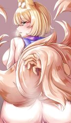 Rule 34 | 1girl, animal ears, ass, blonde hair, blue eyes, breasts, commentary request, dress, fox ears, fox tail, from behind, grey background, highres, kitsune, large breasts, long hair, looking at viewer, mirufui, multiple tails, open mouth, simple background, solo, tabard, tail, touhou, white dress, yakumo ran