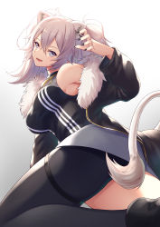 Rule 34 | 1girl, :d, ahoge, animal ears, ass, asymmetrical clothes, bare shoulders, black jacket, black nails, black shirt, boots, breasts, claw pose, earrings, fang, fur-trimmed jacket, fur trim, grey eyes, grey hair, hair between eyes, highres, hololive, jacket, jewelry, large breasts, lion ears, lion girl, lion tail, long hair, looking at viewer, looking back, medium breasts, nail polish, necklace, nishino eri, off shoulder, open clothes, open jacket, open mouth, shirt, shishiro botan, shishiro botan (1st costume), single leg pantyhose, single pantsleg, skirt, sleeveless, sleeveless shirt, smile, solo, tail, thigh strap, two side up, virtual youtuber